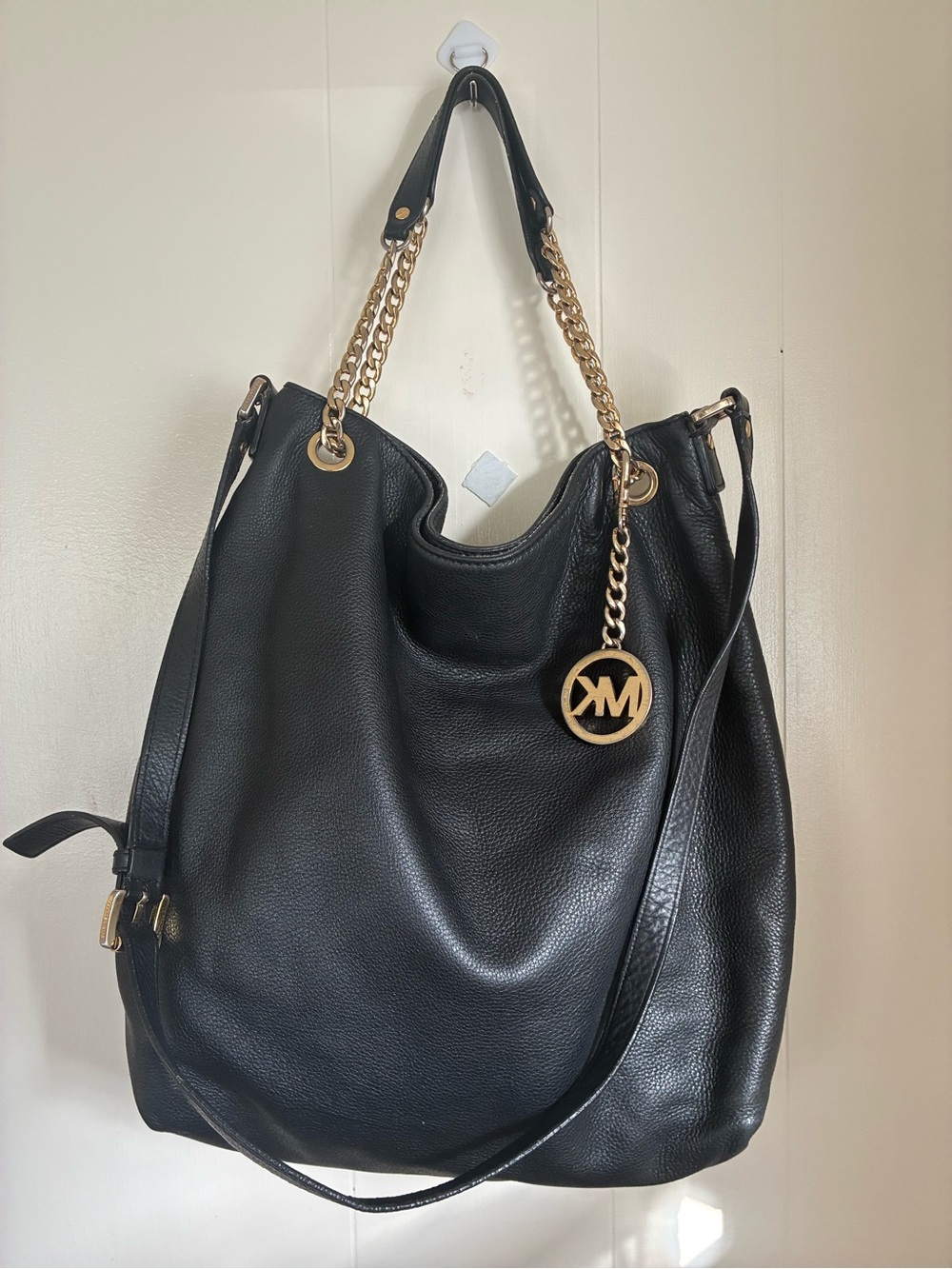 Michael Kors Black Leather Shoulder Tote with Gold Chain Detail